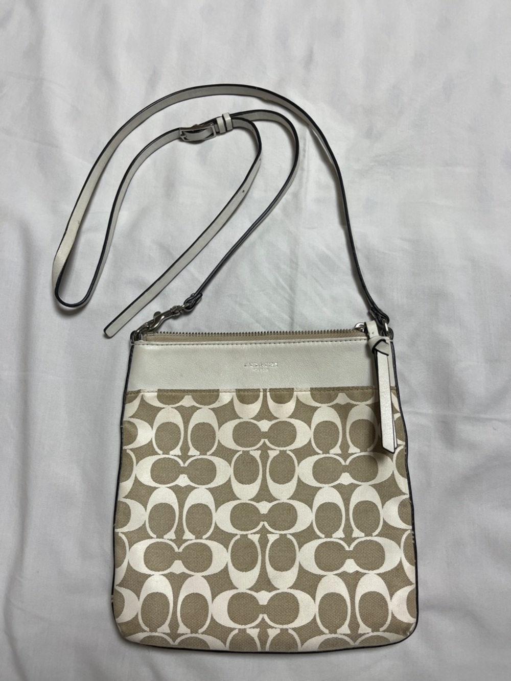 Coach Beige and White Signature Crossbody Bag